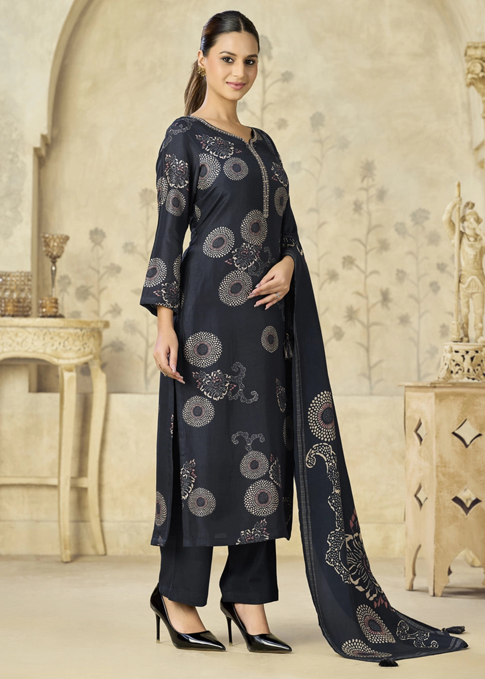 Space Blue Printed Viscose Straight Kurta Set : Summer Edit