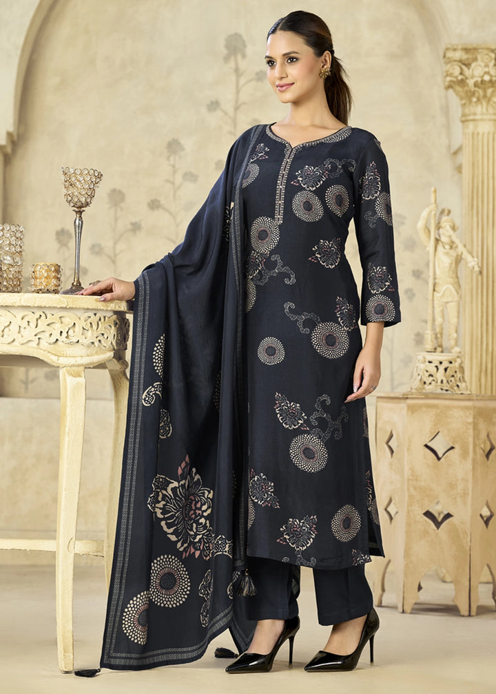 Space Blue Printed Viscose Straight Kurta Set : Summer Edit