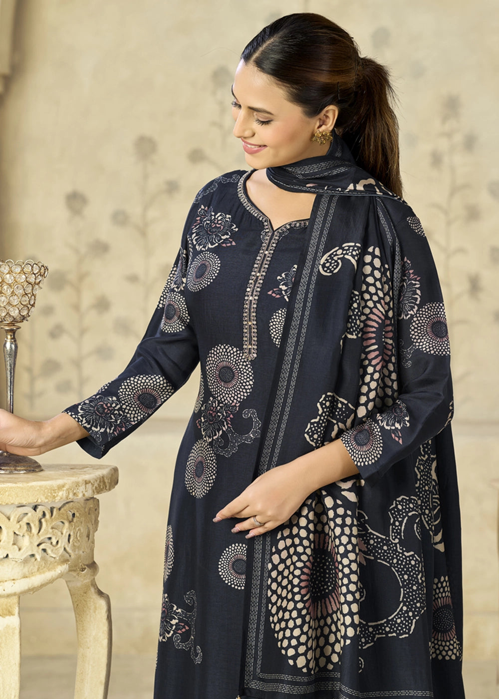 Space Blue Printed Viscose Straight Kurta Set : Summer Edit
