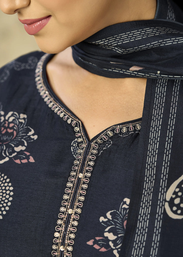 Space Blue Printed Viscose Straight Kurta Set : Summer Edit
