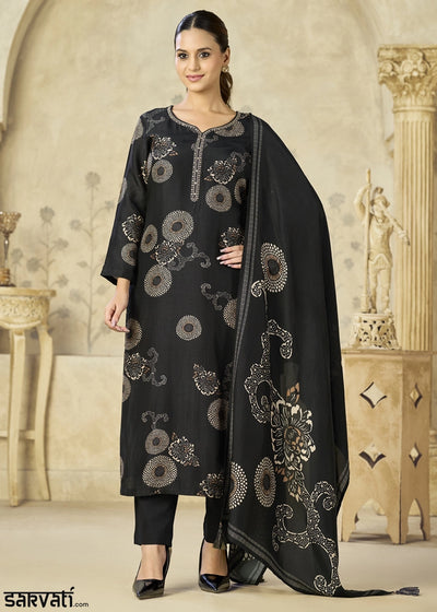 Midnight Black Printed Viscose Straight Kurta Set : Summer Edit