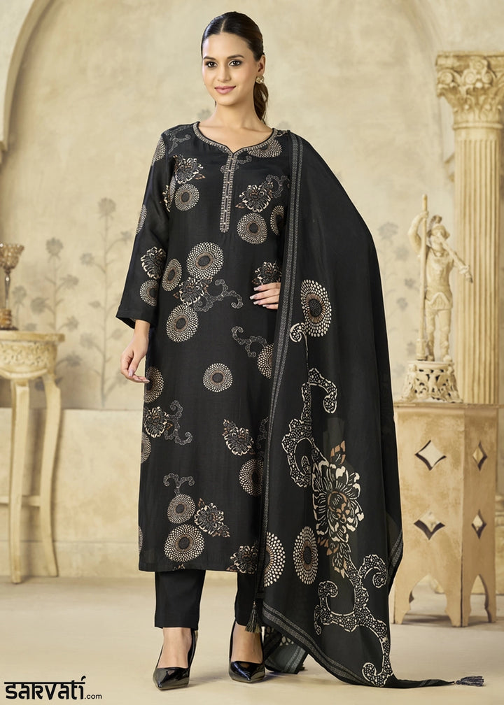 Midnight Black Printed Viscose Straight Kurta Set : Summer Edit