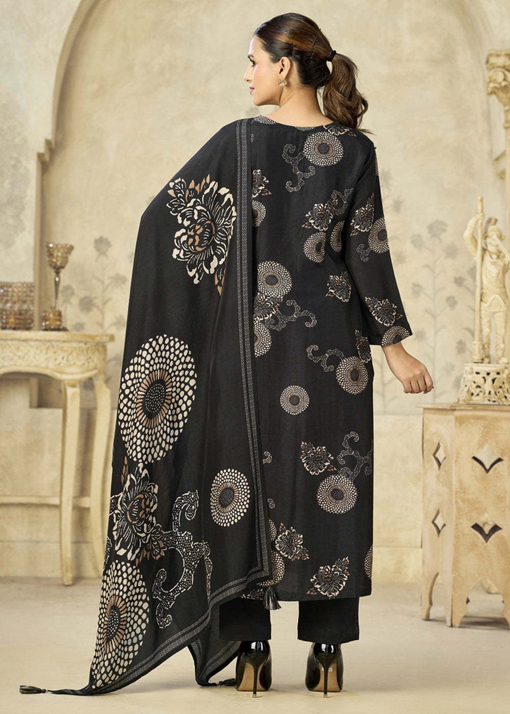 Midnight Black Printed Viscose Straight Kurta Set : Summer Edit