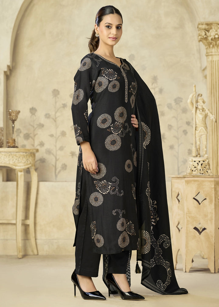 Midnight Black Printed Viscose Straight Kurta Set : Summer Edit