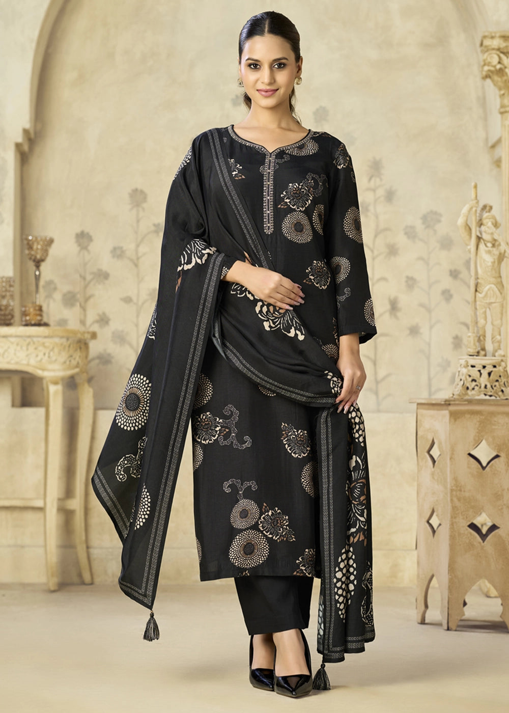 Midnight Black Printed Viscose Straight Kurta Set : Summer Edit