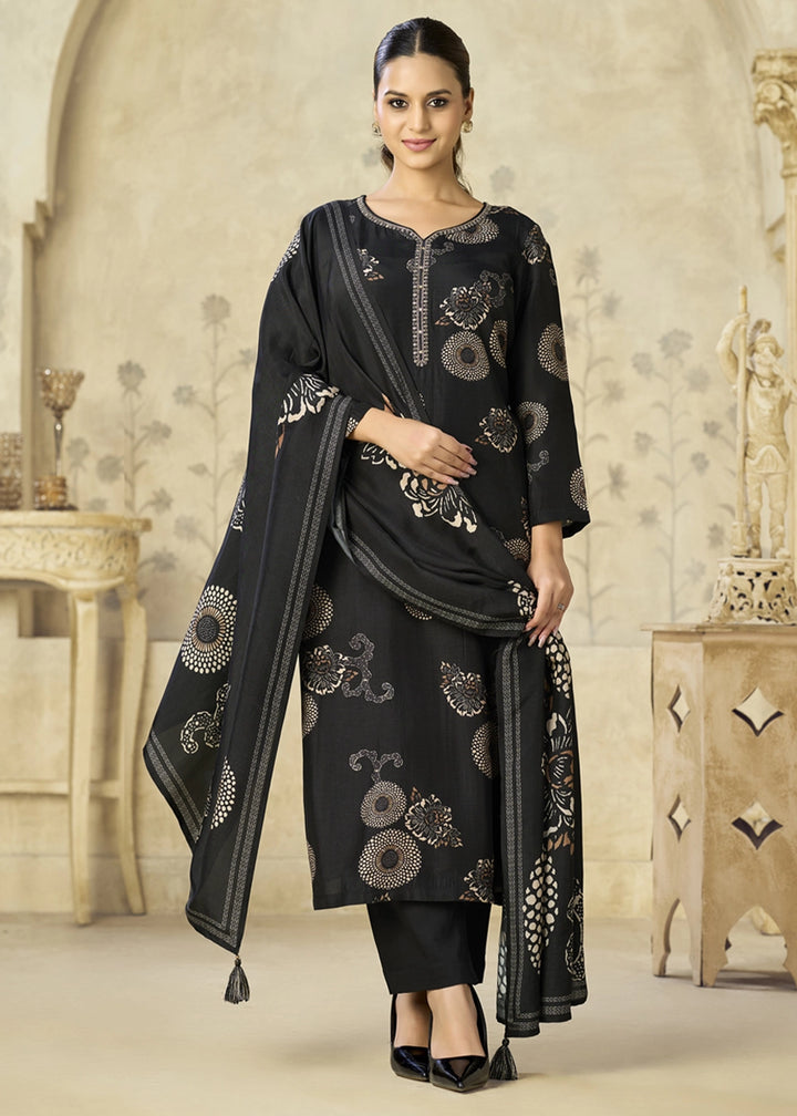 Midnight Black Printed Viscose Straight Kurta Set : Summer Edit