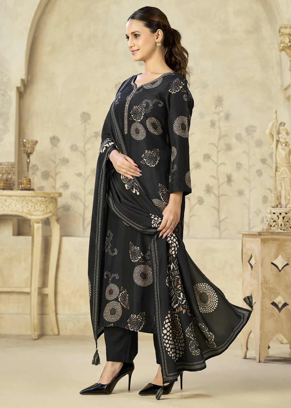 Midnight Black Printed Viscose Straight Kurta Set : Summer Edit