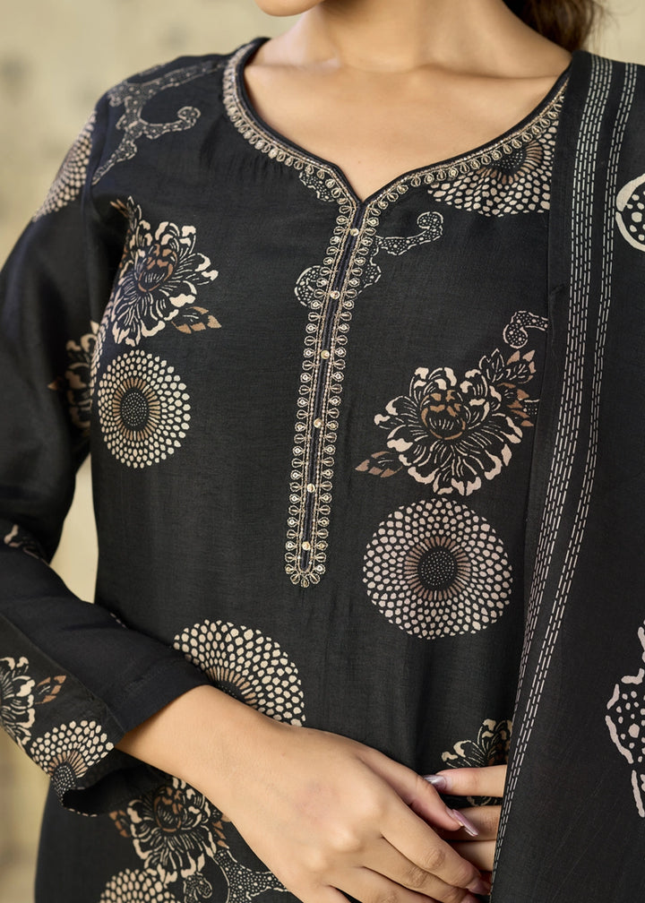 Midnight Black Printed Viscose Straight Kurta Set : Summer Edit