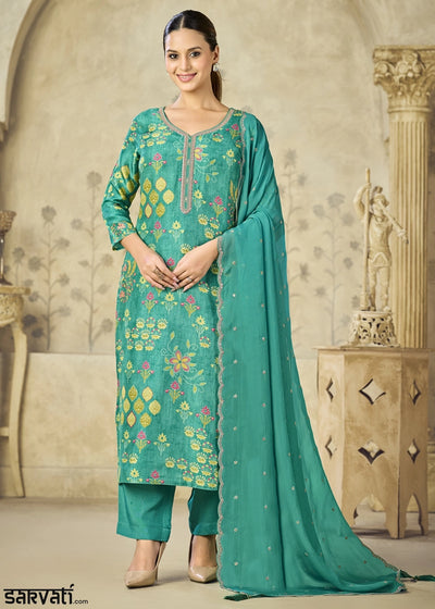 Persian Green Printed Viscose Straight Kurta Set with Embroidery work
