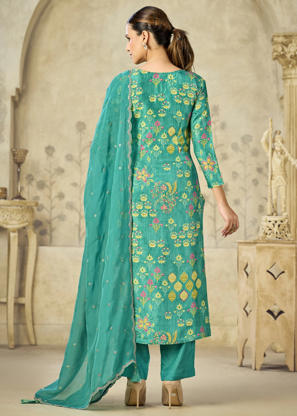Persian Green Printed Viscose Straight Kurta Set with Embroidery work