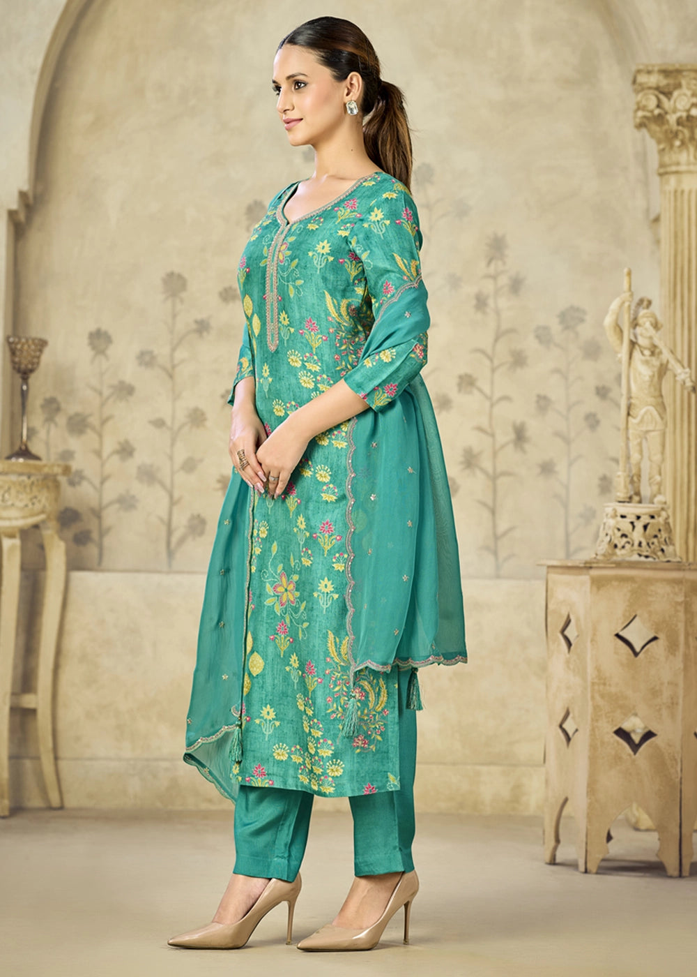 Persian Green Printed Viscose Straight Kurta Set with Embroidery work