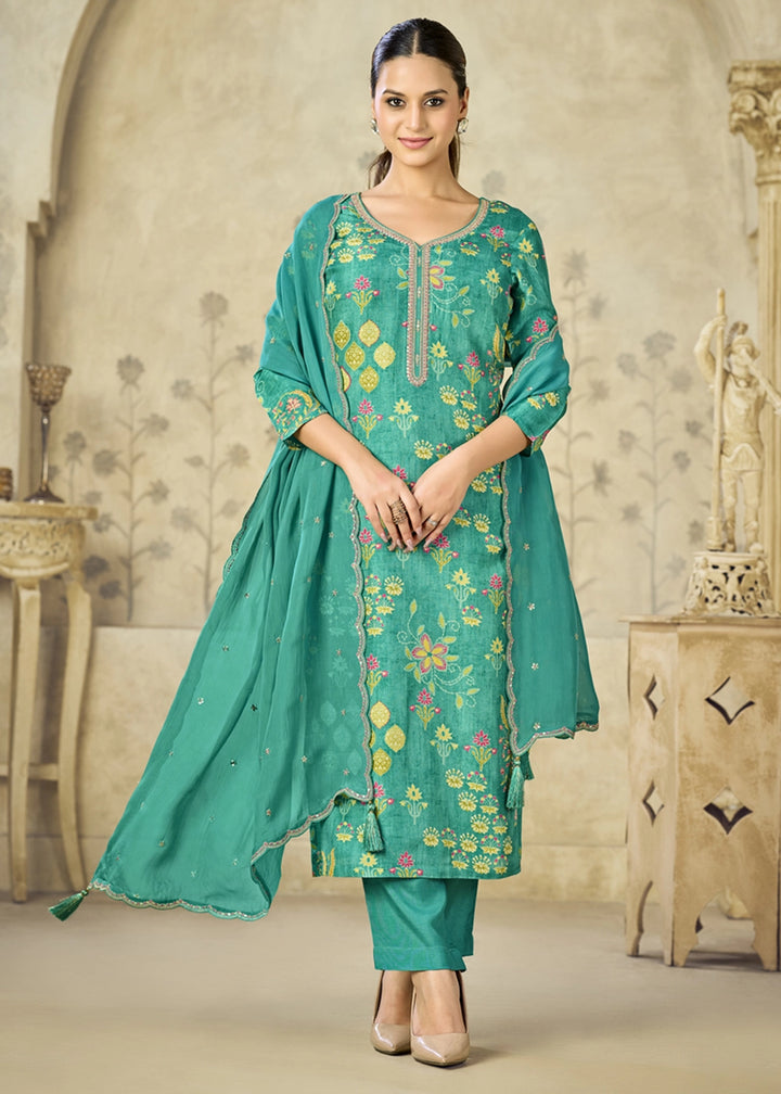 Persian Green Printed Viscose Straight Kurta Set with Embroidery work