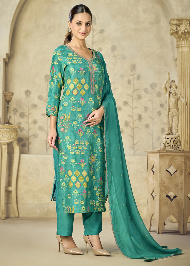 Persian Green Printed Viscose Straight Kurta Set with Embroidery work