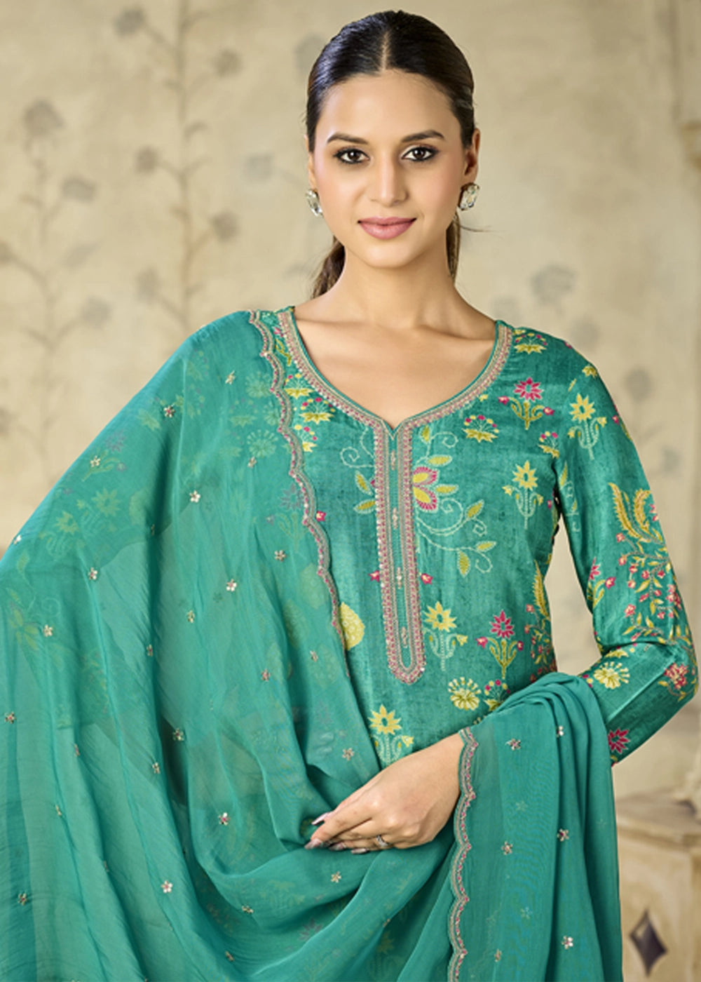 Persian Green Printed Viscose Straight Kurta Set with Embroidery work