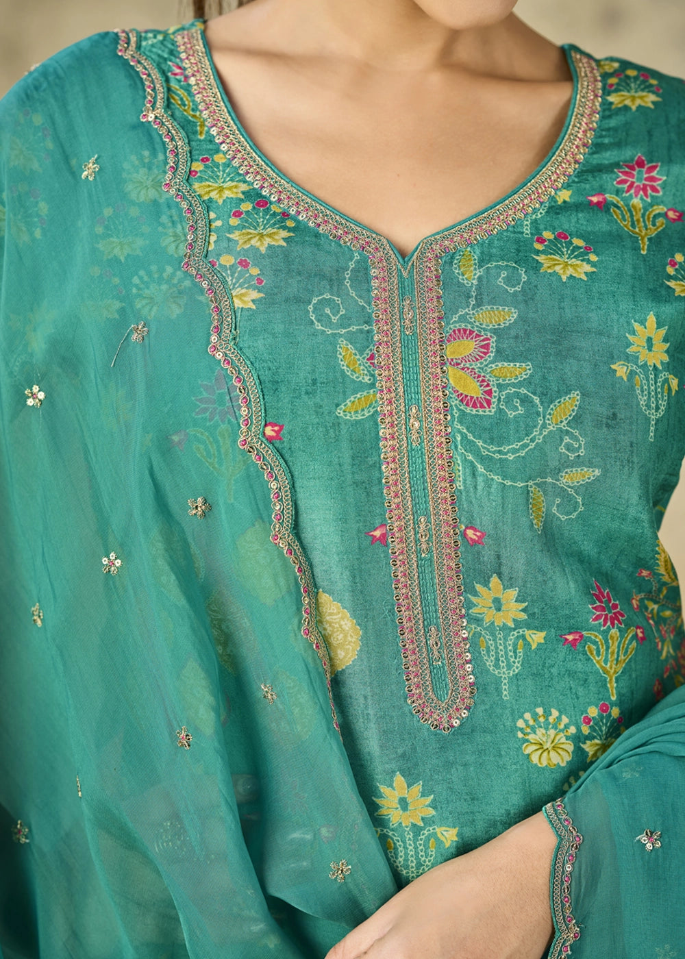 Persian Green Printed Viscose Straight Kurta Set with Embroidery work