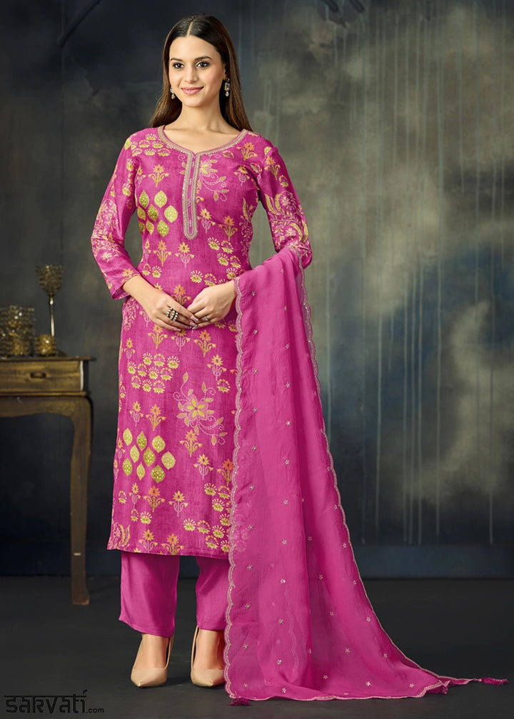Hot Pink Printed Viscose Straight Kurta Set with Embroidery work