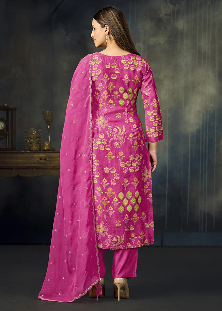 Hot Pink Printed Viscose Straight Kurta Set with Embroidery work