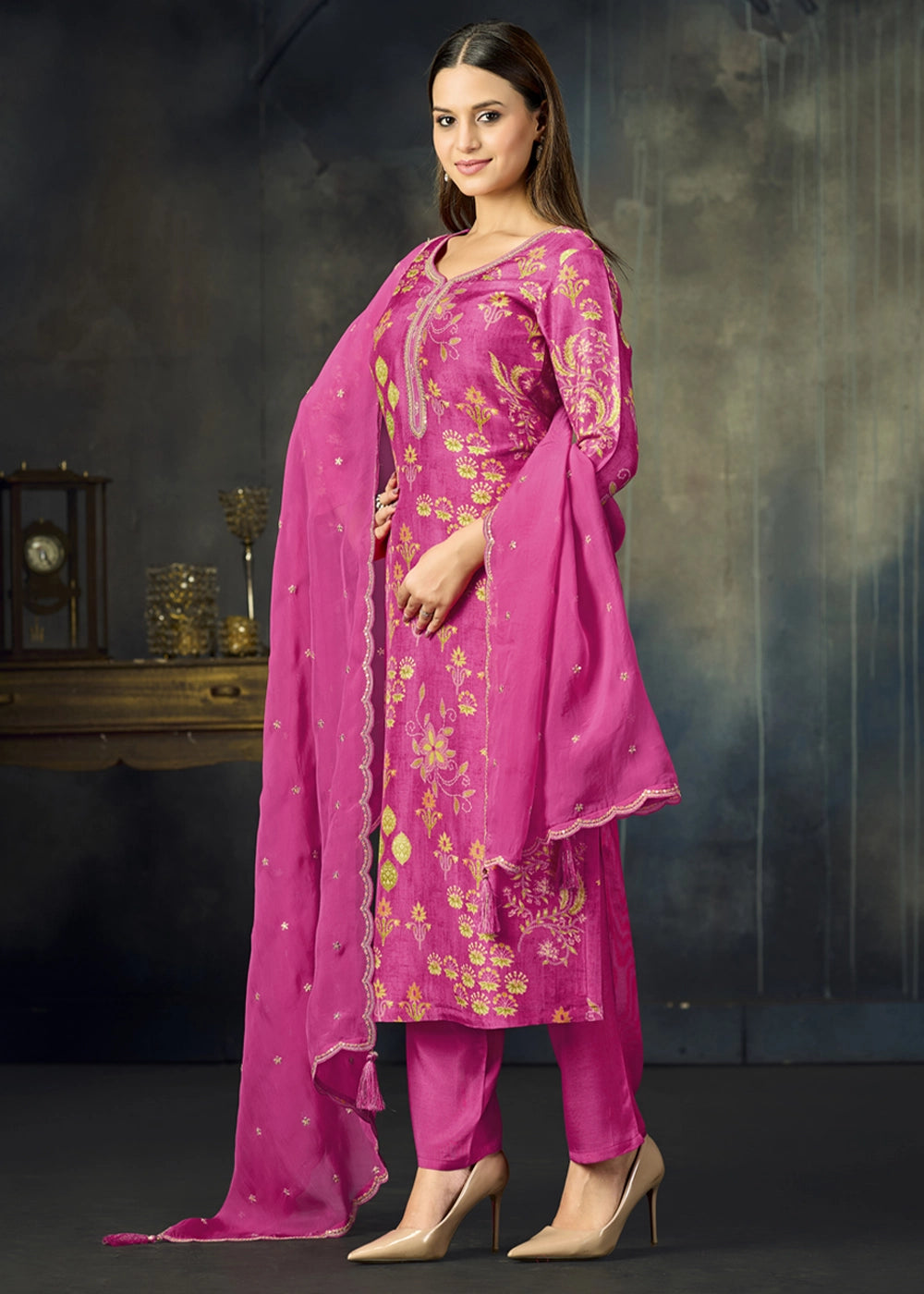 Hot Pink Printed Viscose Straight Kurta Set with Embroidery work