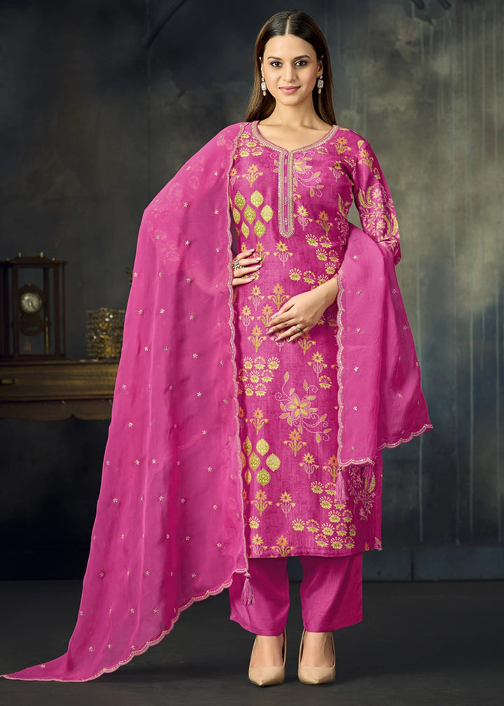 Hot Pink Printed Viscose Straight Kurta Set with Embroidery work