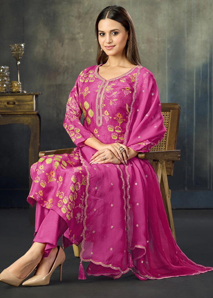 Hot Pink Printed Viscose Straight Kurta Set with Embroidery work