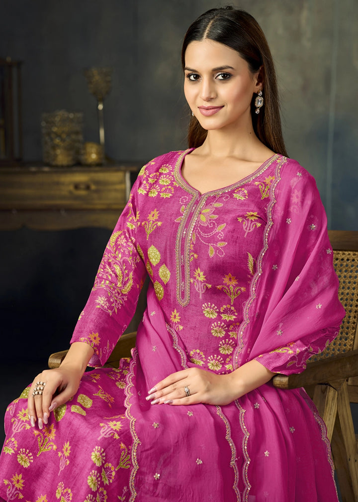 Hot Pink Printed Viscose Straight Kurta Set with Embroidery work