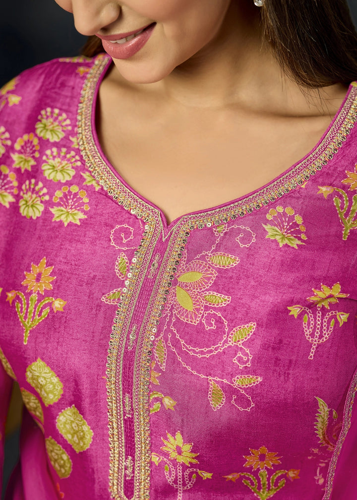 Hot Pink Printed Viscose Straight Kurta Set with Embroidery work