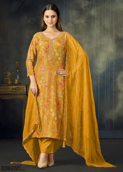 Mustard Yellow Printed Viscose Straight Kurta Set with Embroidery work