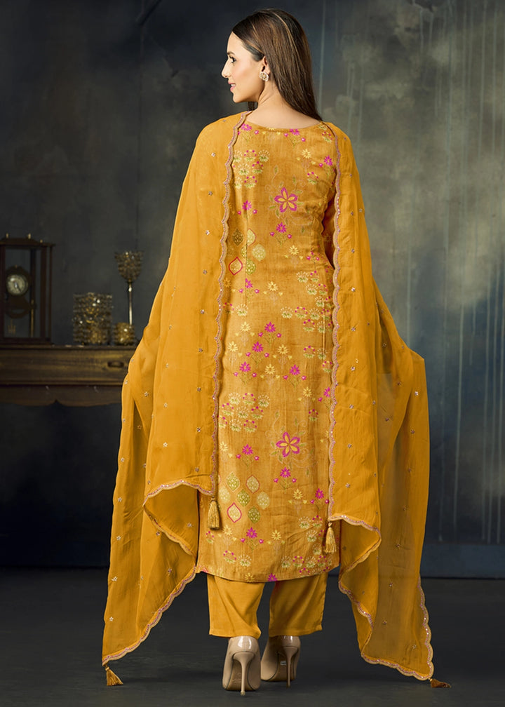 Mustard Yellow Printed Viscose Straight Kurta Set with Embroidery work