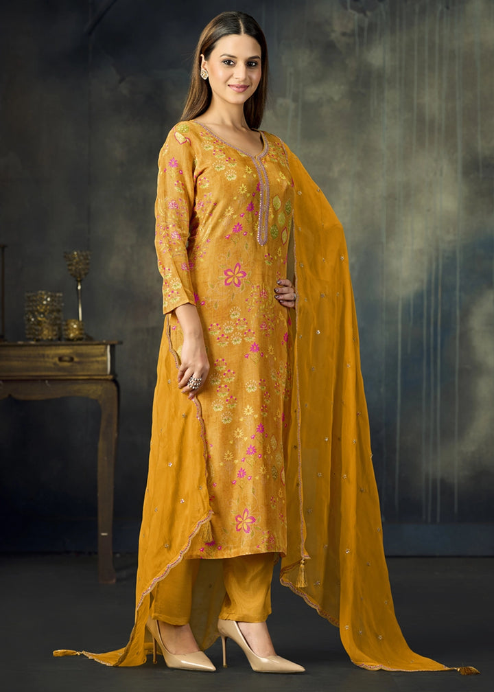 Mustard Yellow Printed Viscose Straight Kurta Set with Embroidery work