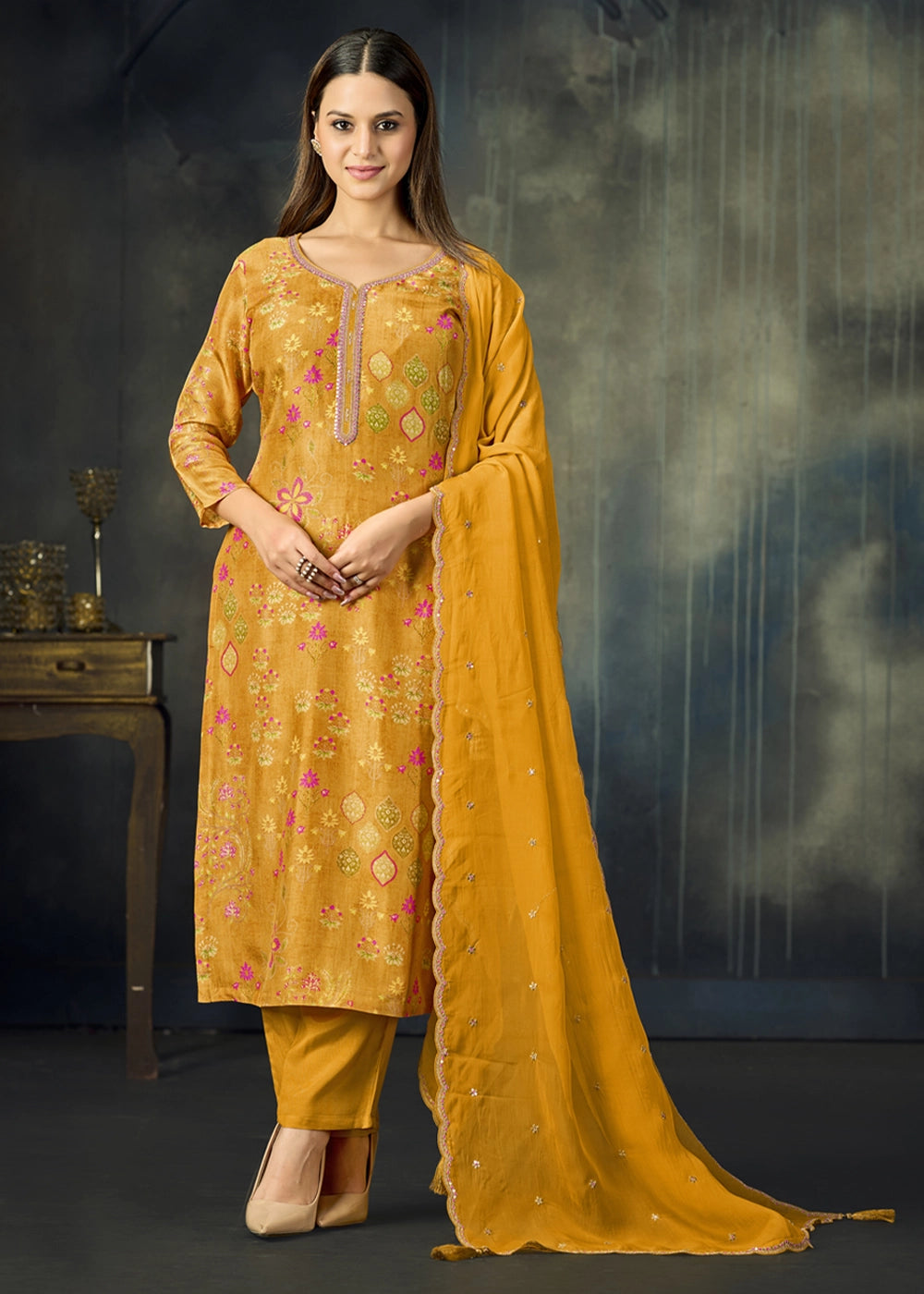 Mustard Yellow Printed Viscose Straight Kurta Set with Embroidery work