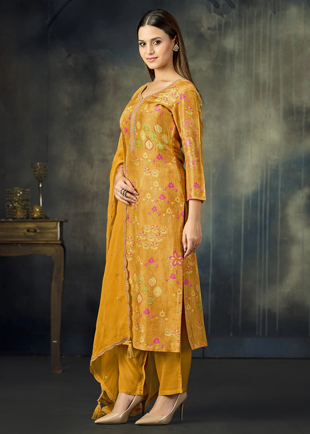 Mustard Yellow Printed Viscose Straight Kurta Set with Embroidery work