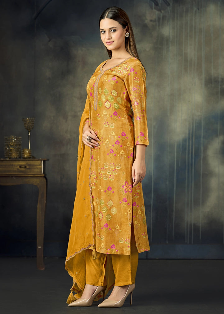 Mustard Yellow Printed Viscose Straight Kurta Set with Embroidery work