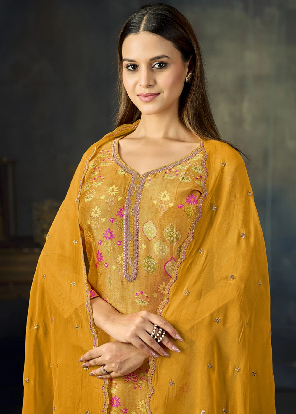 Mustard Yellow Printed Viscose Straight Kurta Set with Embroidery work