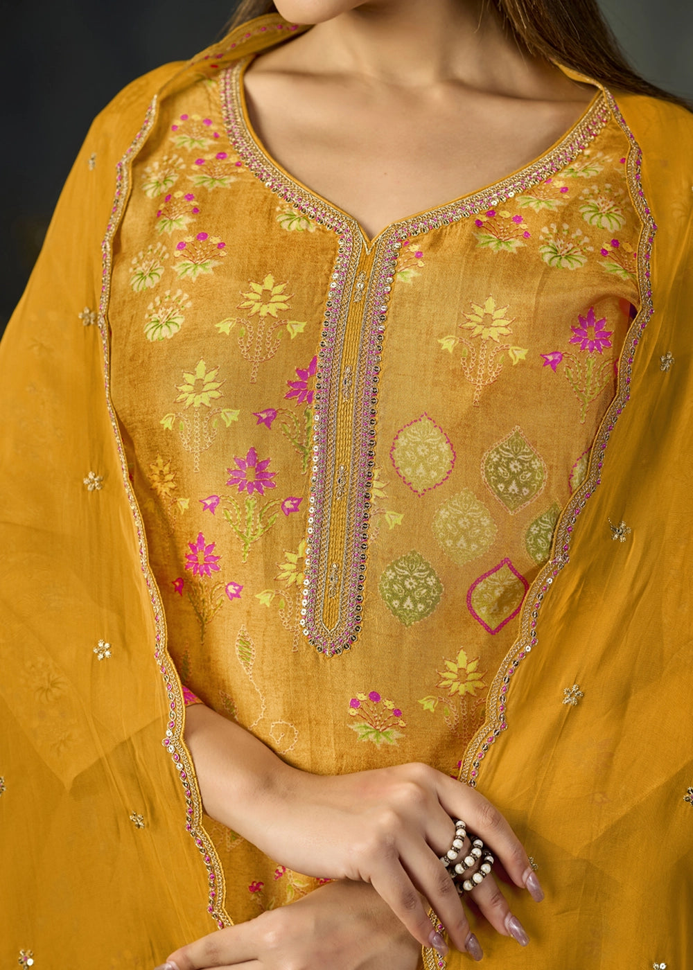 Mustard Yellow Printed Viscose Straight Kurta Set with Embroidery work