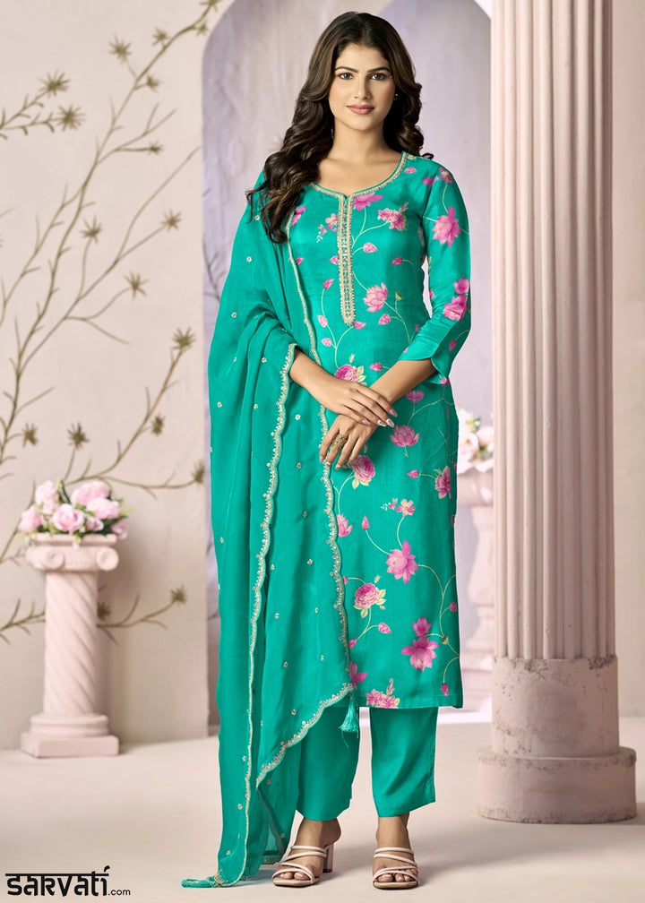 Zomp Green Printed Viscose Straight Kurta Set with Embroidery work