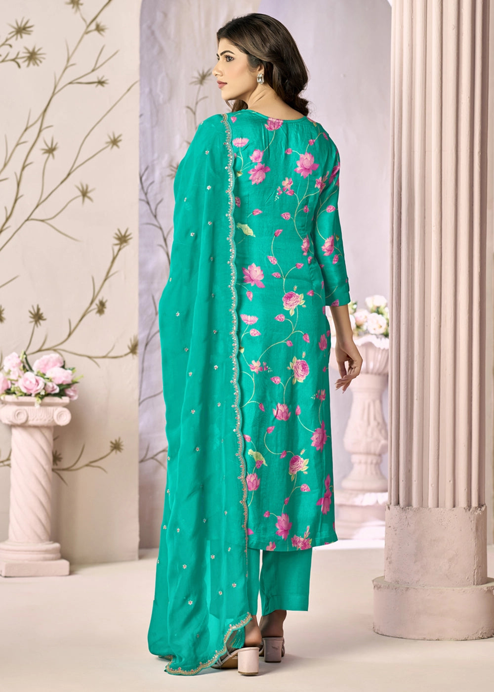 Zomp Green Printed Viscose Straight Kurta Set with Embroidery work