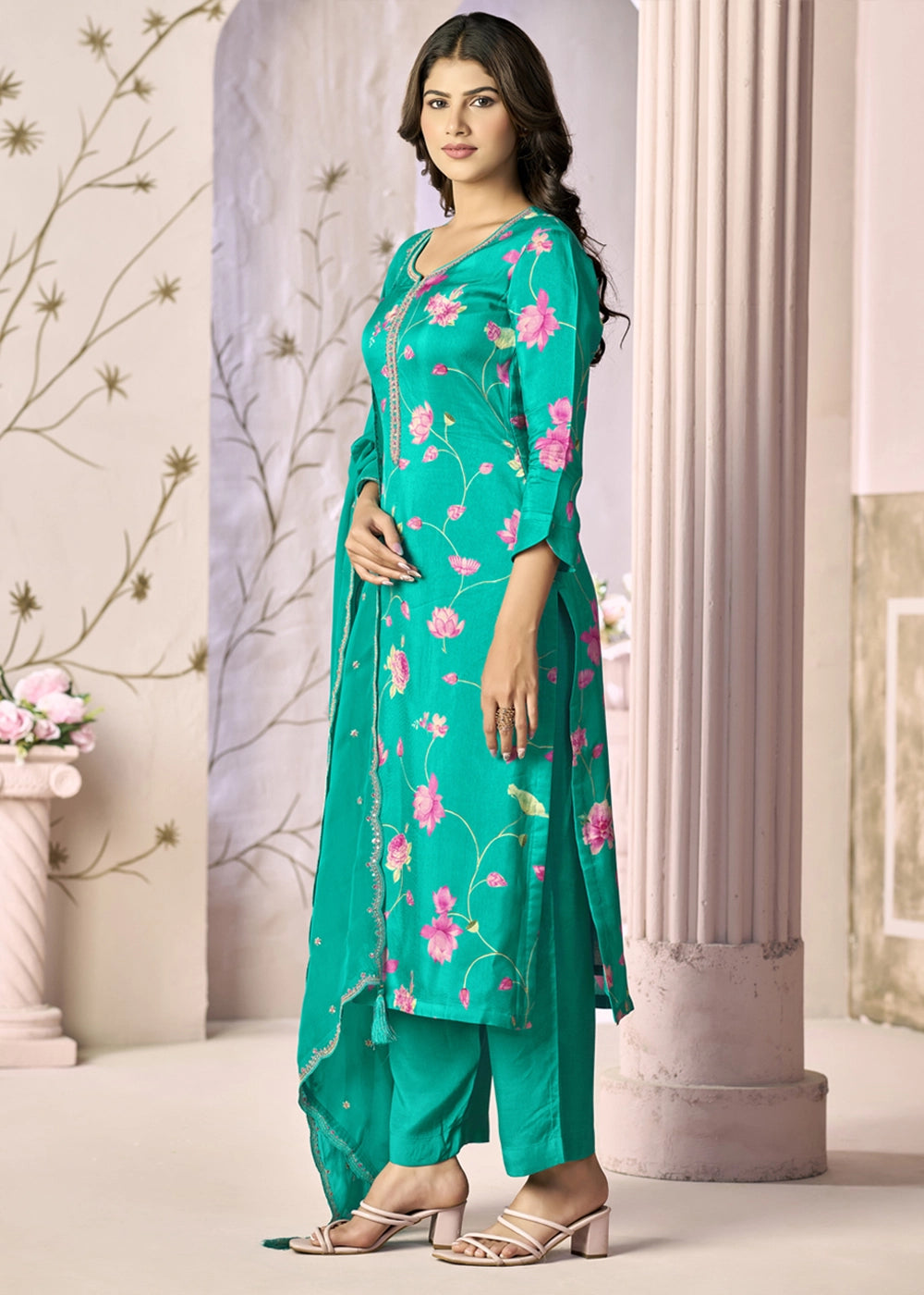 Zomp Green Printed Viscose Straight Kurta Set with Embroidery work