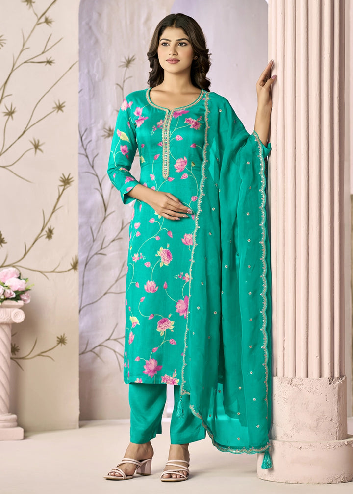 Zomp Green Printed Viscose Straight Kurta Set with Embroidery work