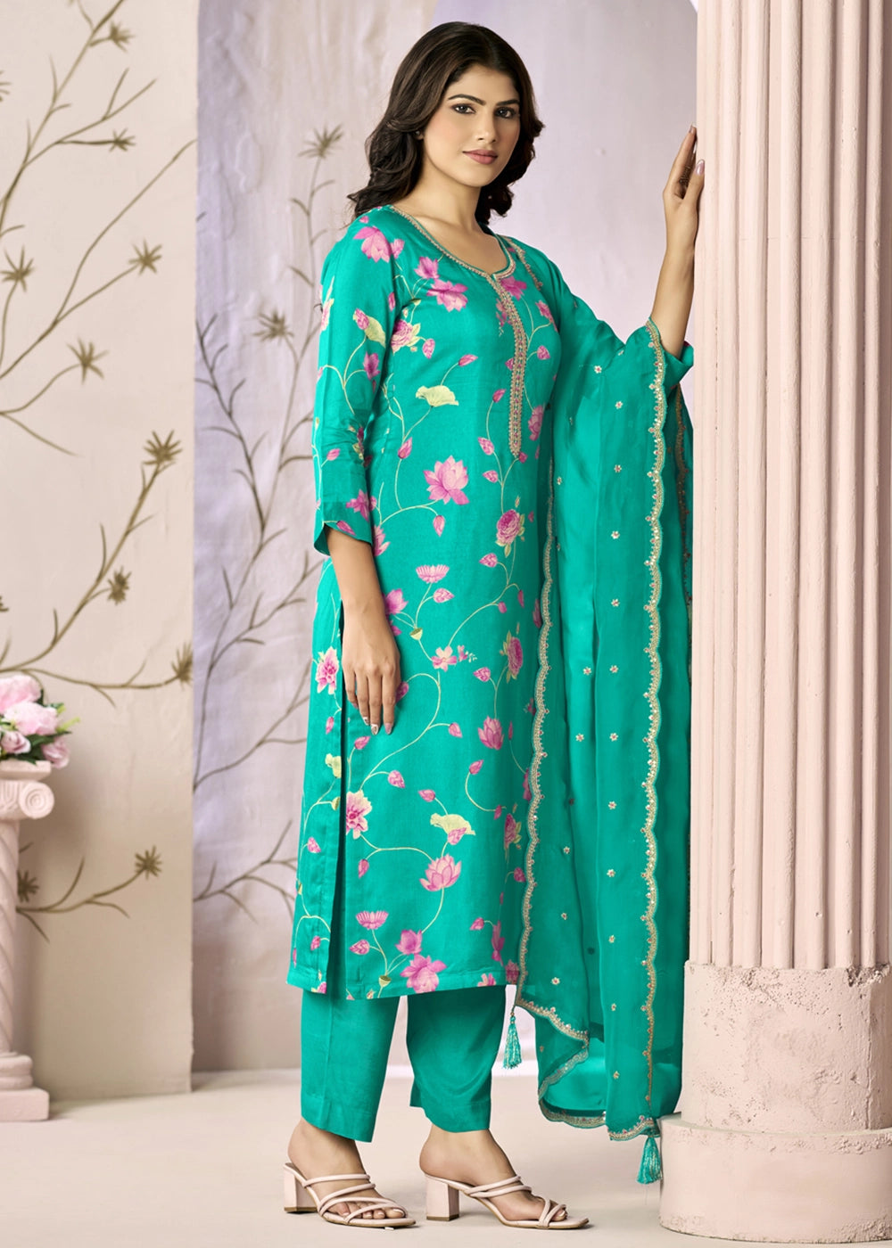 Zomp Green Printed Viscose Straight Kurta Set with Embroidery work