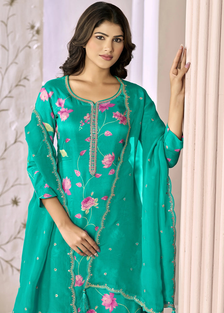 Zomp Green Printed Viscose Straight Kurta Set with Embroidery work