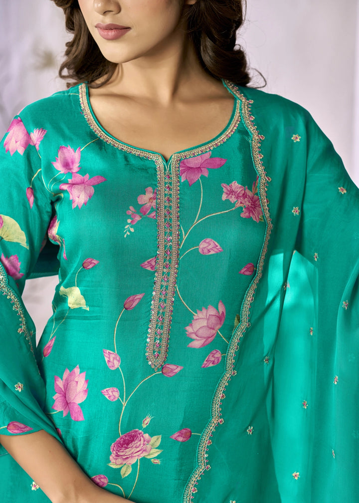 Zomp Green Printed Viscose Straight Kurta Set with Embroidery work