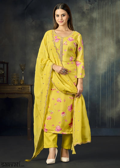 Titanium Yellow Printed Viscose Straight Kurta Set with Embroidery work