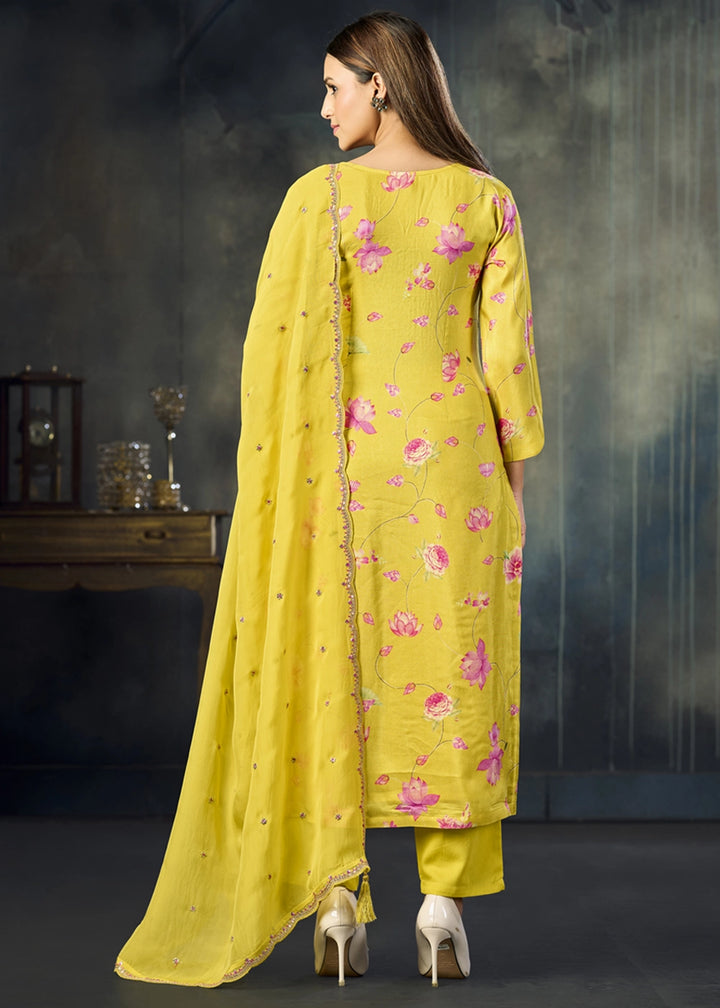 Titanium Yellow Printed Viscose Straight Kurta Set with Embroidery work