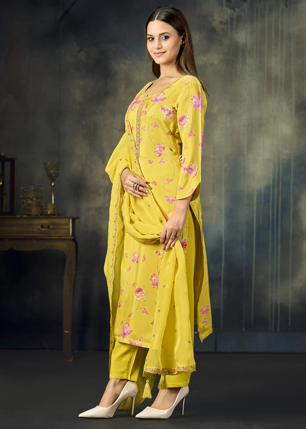 Titanium Yellow Printed Viscose Straight Kurta Set with Embroidery work