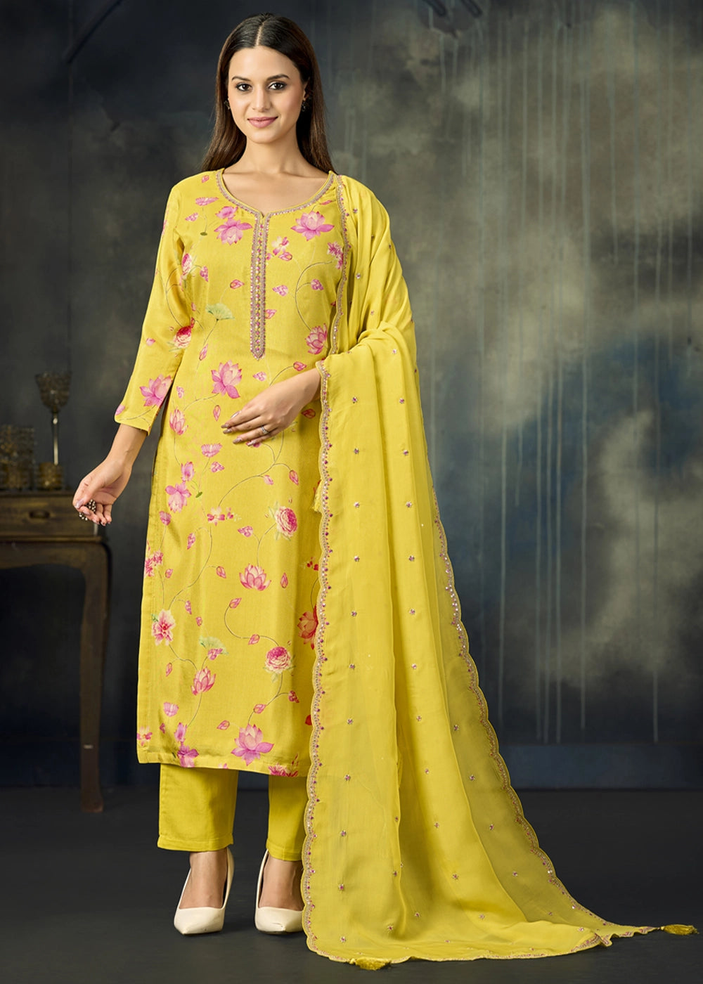 Titanium Yellow Printed Viscose Straight Kurta Set with Embroidery work