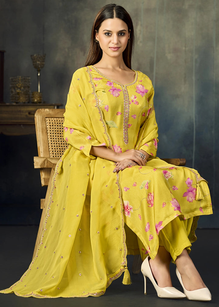 Titanium Yellow Printed Viscose Straight Kurta Set with Embroidery work