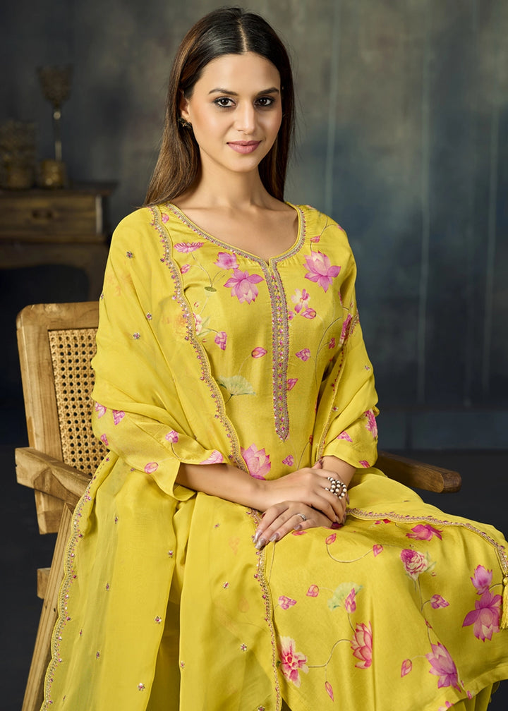 Titanium Yellow Printed Viscose Straight Kurta Set with Embroidery work