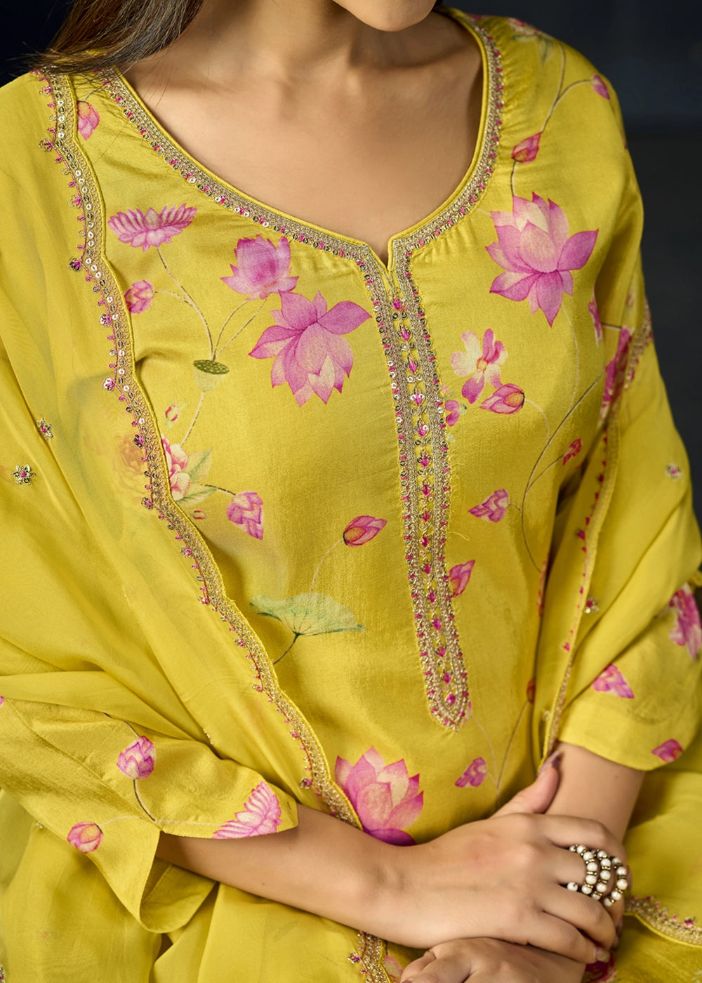 Titanium Yellow Printed Viscose Straight Kurta Set with Embroidery work