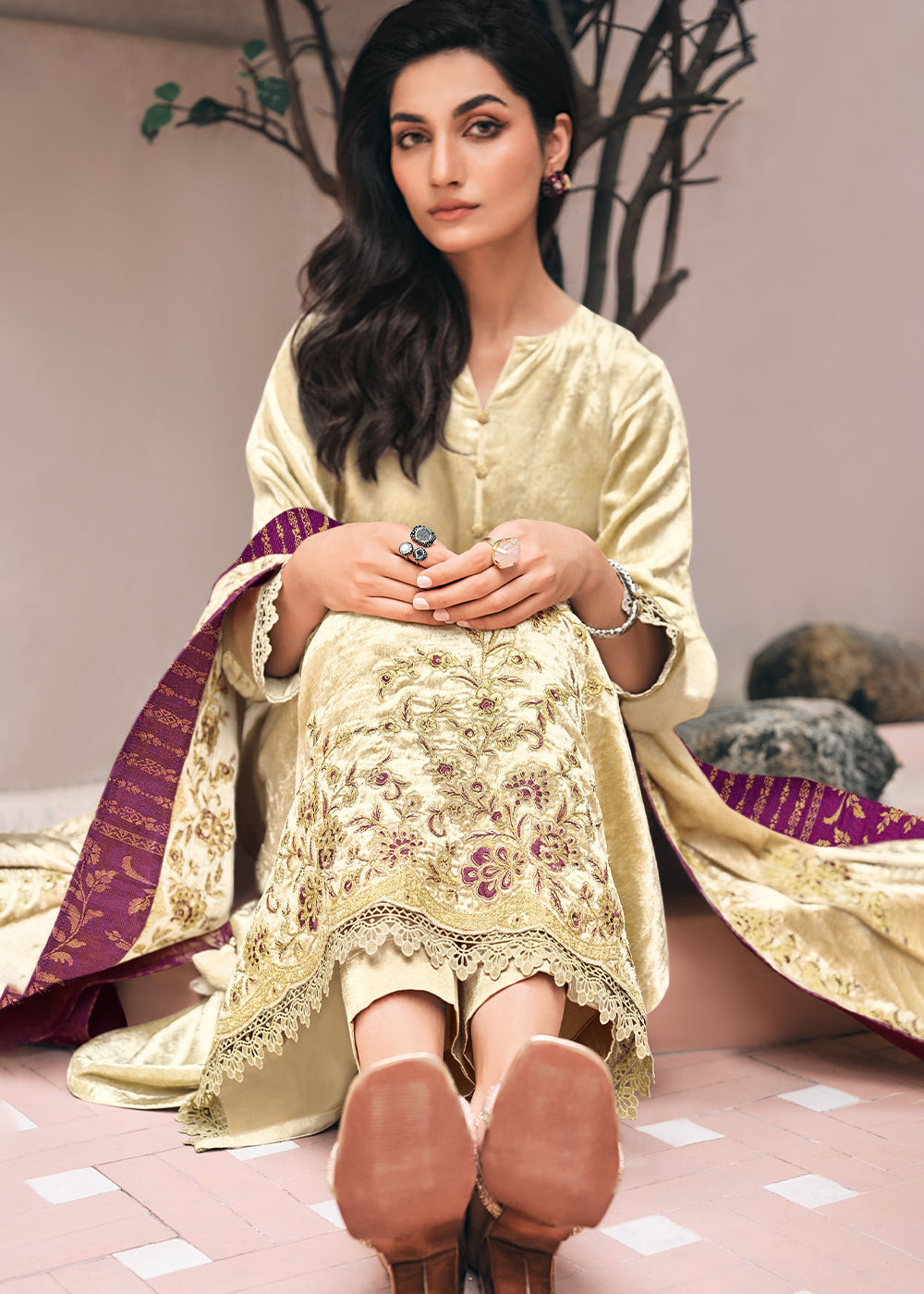 Designer Cream White Velvet Suit Featuring Cording & Thread Embroidery