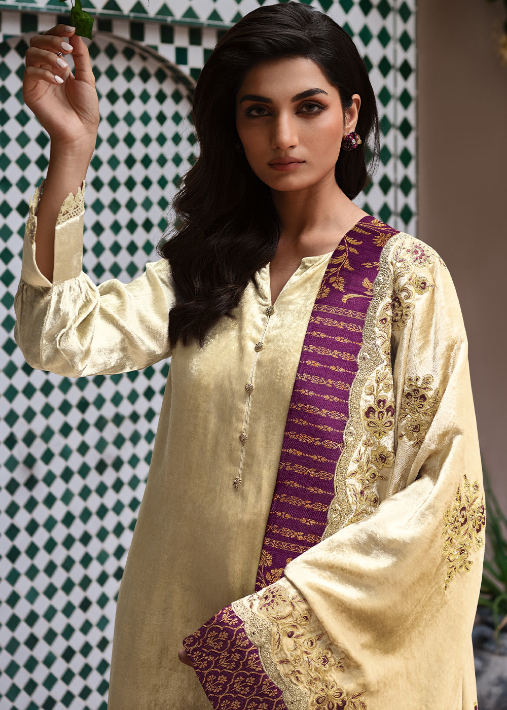 Designer Cream White Velvet Suit Featuring Cording & Thread Embroidery